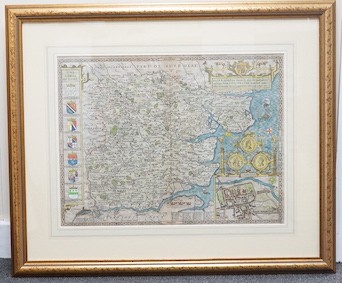 John Speed (1552-1629), hand coloured engraving, Map of Essex, published c.1627 by George Humble, 38.2 x 51cm (plate), framed and glazed